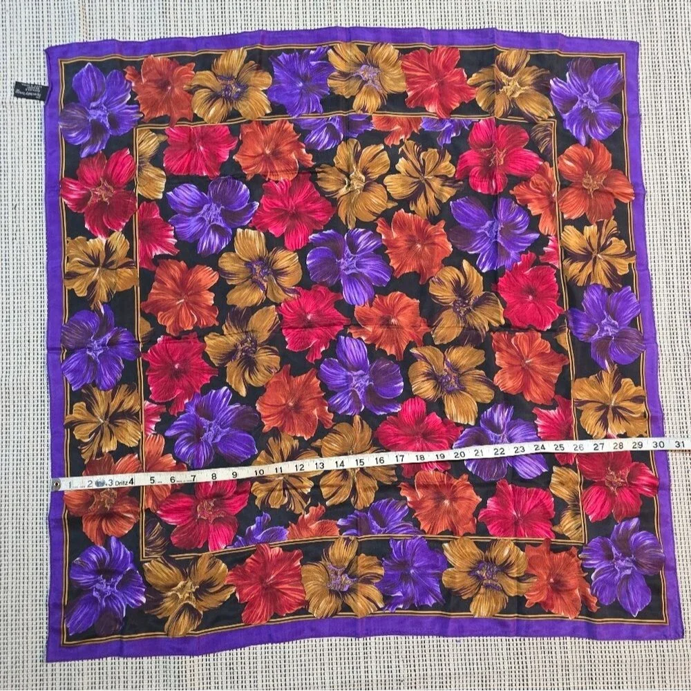 Vintage Specialty House 100% Silk Purple Hibiscus Floral Square Scarf Korea